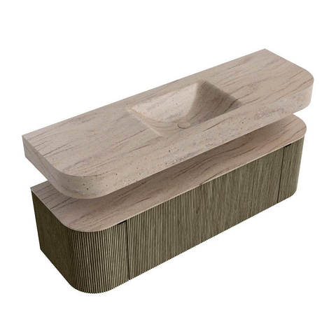 MONDIAZ THOR-DLUX 150cm badmeubel ronding links + rechts kleur Shadow met 1 lade en 2 deuren. Vrijhangende wastafel CLOUD Midden zonder kraangat kleur Saba. SW1464889