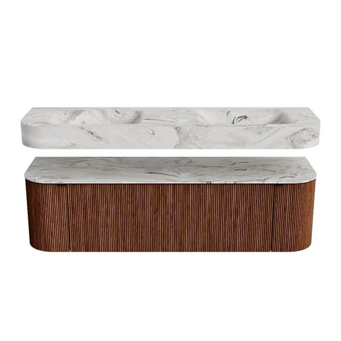 MONDIAZ THOR-DLUX 160cm meuble de salle de bains arrondi gauche + droite couleur Ruby avec 1 tiroir et 2 portes. Vasque suspendue CLOUD Double sans trou de robinet couleur Glace. SW1465176