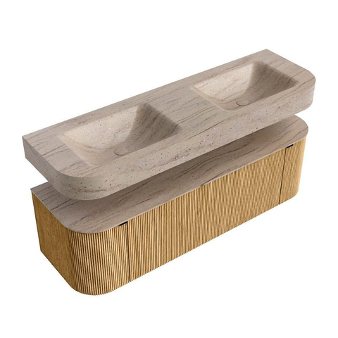 MONDIAZ THOR-DLUX 150cm meuble de salle de bains arrondi gauche + droite couleur Oak avec 1 tiroir et 2 portes. Vasque suspendue CLOUD Double 2 trous de robinet couleur Saba. SW1464861