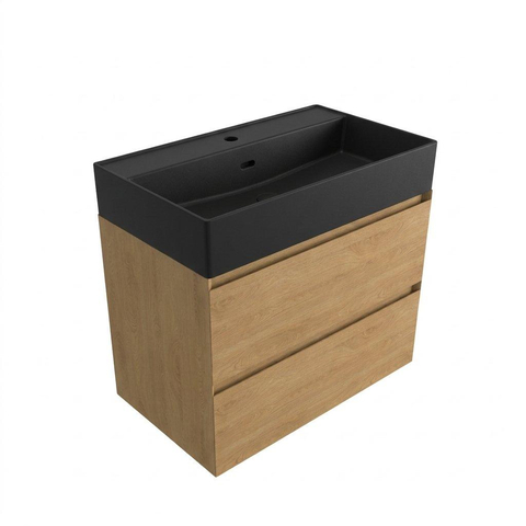 Saniclass Holz Pure Badkamermeubelset - 80x45x72cm - Legend keramische wastafel mat zwart - 1 wasbak - zonder kraangat - 2 lades - mat eiken natural (hout) SW1580172