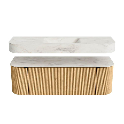 MONDIAZ THOR-DLUX 140cm badmeubel ronding links + rechts kleur Oak met 1 lade en 2 deuren. Vrijhangende wastafel CLOUD Midden 1 kraangat kleur Ostra. SW1463972