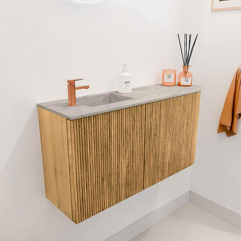 Mondiaz JOYA-DLUX 81.6cm meuble de toilette - arrondi droit couleur Chêne - Vasque FAYE position Gauche 1 trou de robinet couleur Glace SW1421979