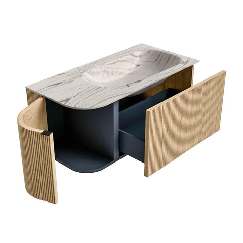 MONDIAZ KURVE-DLUX Meuble de salle de bains 95cm arrondi à gauche couleur Oak avec 1 tiroir et 1 porte. Lavabo BIG SMALL à droite 1 trou de robinet Nata. SW1432065
