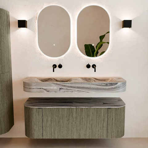 MONDIAZ THOR-DLUX Meuble de salle de bains - 130cm - arrondi gauche + droite - couleur Shadow - 1 tiroir - 2 portes - Vasque suspendue CLOUD Double sans trou de robinet - couleur Sombra SW1463887