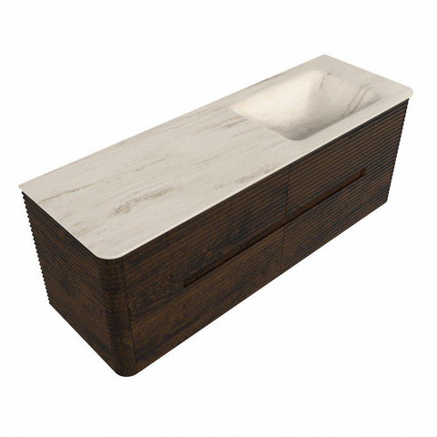 Mondiaz CIRO-DLUX Meuble de salle de bains - 140x45x50cm - Plan-vasque Solid Surface Meli - 1 lavabo à droite - sans trous de robinet - 4 tiroirs - Noyer SW1530512