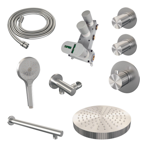 BRAUER Stripe Thermostatische Inbouw Regendouche - SET 04 - 25cm douchekop - rechte muurarm - 3-standen handdouche - doucheslang - wandaansluitbocht - RVS-kleurig geborsteld PVD SW1435073