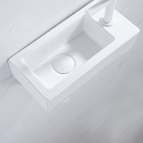 QeramiQ Fuente pack lave-mains – 37,5 x 18,5 x 9 cm – céramique blanc brillant – perçage à droite – robinet blanc mat SW1232736