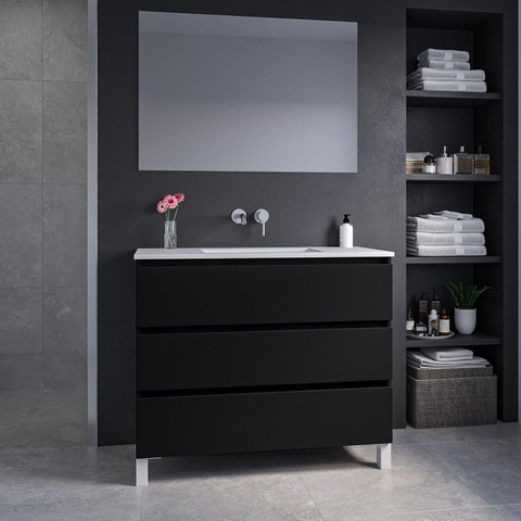 Saniclass Chaci PLUS Meuble de salle de bain - 100x86x46cm - lavabo en céramique blanc - 1 vasque - sans trous de robinet - 3 tiroirs - miroir rectangulaire - noir mat SW1027211