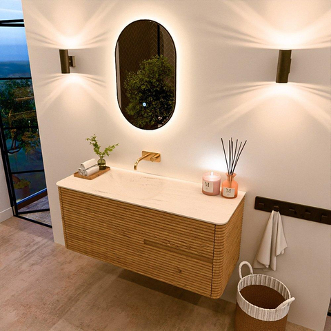 Mondiaz CIRO-DLUX Ensemble de meubles de salle de bains - 120x45x50cm - vasque en solid surface Meli - 1 lavabo à gauche - sans trous de robinet - 2 tiroirs - Chêne SW1531402