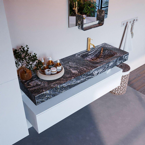 Mondiaz ALAN-DLUX Ensemble de meuble - 150cm - meuble - Talc mat - 1 tiroir - Lavabo Cloud Lava suspendu - vasque droite - 1 trou de robinet - Noir SW807799