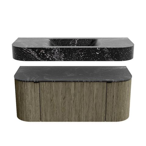 MONDIAZ THOR-DLUX 110cm meuble de salle de bains arrondi gauche + droite couleur Shadow avec 1 tiroir et 2 portes. Vasque suspendue CLOUD Milieu sans trou de robinet couleur Lava. SW1462859