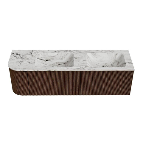 MONDIAZ KURVE-DLUX 155cm badmeubel met module 25 L kleur Walnut met 2 lades en 1 deur. Wastafel LEAF dubbel / rechts zonder kraangat kleur Glace. SW1138069