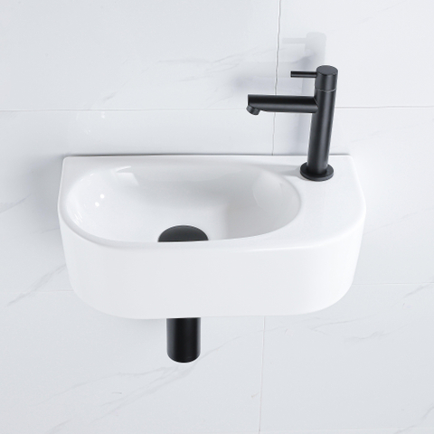 QeramiQ Fuente pack lave-mains – demi-rond – 40 x 21,5 x 12 cm – céramique blanc brillant – robinet noir mat SW1232791