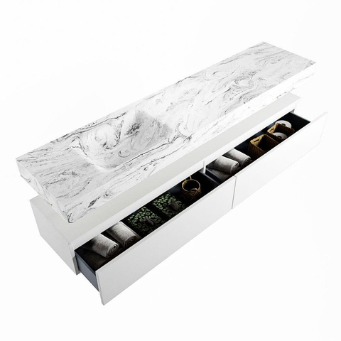 Mondiaz ALAN-DLUX Ensemble de meuble - 200cm - meuble Talc mat - 2 tiroirs - Lavabo Cloud Glace suspendu - vasque Gauche - 1 trou de robinet SW805827
