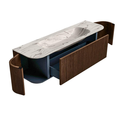 MONDIAZ KURVE-DLUX 160cm badmeubel ronding Links + Rechts kleur Walnut met 1 lade en 2 deuren. Wastafel BIG MEDIUM Midden zonder kraangat Nata. SW1432205