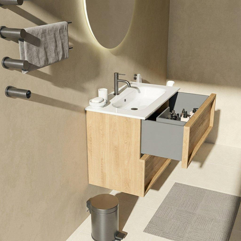 Saniclass Holz Frame Badkamermeubelset - 80x45x73.9cm - Chaci keramische wastafel wit - 1 wasbak - 1 kraangat - 2 lades - mat eiken natural (hout) SW1580000