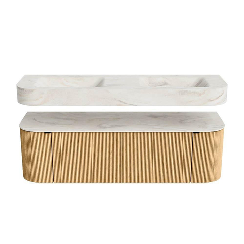 MONDIAZ THOR-DLUX 150cm badmeubel ronding links + rechts kleur Oak met 1 lade en 2 deuren. Vrijhangende wastafel CLOUD Dubbel zonder kraangat kleur Ostra. SW1464699