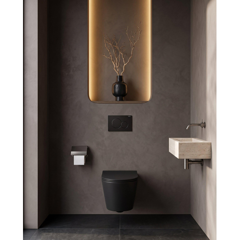 QeramiQ Dely Pack WC - réservoir encastré Geberit UP320 - plaque de déclenchement noir brillant - WC - abattant - noir mat SW643469