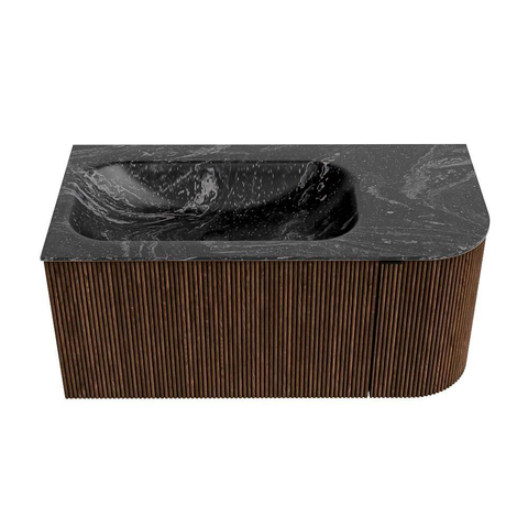 MONDIAZ KURVE-DLUX 95cm badmeubel met module 25 R kleur Walnut met 1 lade en 1 deur. Wastafel BIG SMALL links zonder kraangat kleur Lava. SW1137219