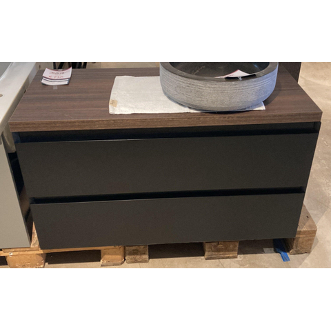 INK Wastafelonderkast - 100x45x52cm - 2 lades - greeploos - MDF lak - Zwart mat - met topblad koper eiken- OUTLET UDEN STORE44397