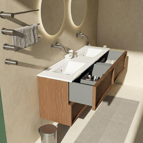 Saniclass Holz Frame Badkamermeubelset - 160x45x62cm - Vygo keramische wastafel wit - 2 wasbakken - zonder kraangaten - 4 lades - mat walnut pure (hout) SW1580053