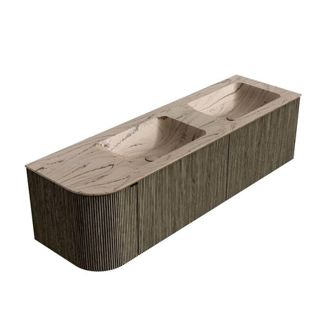 MONDIAZ KURVE-DLUX meuble de salle de bains 155 cm arrondi à gauche couleur Shadow avec 2 tiroirs et 1 porte. Lavabo LEAF Double / à droite sans trou de robinet Arena. SW1431303
