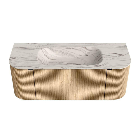 MONDIAZ KURVE-DLUX 120cm badmeubel ronding Links + Rechts kleur Oak met 1 lade en 2 deuren. Wastafel BIG SMALL Midden zonder kraangat Nata. SW1432066