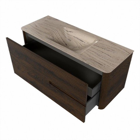 Mondiaz CIRO-DLUX Badkamermeubelset - 120x45x50cm - Solid surface wastafel Arena - 1 wasbak Midden - 1 kraangat - 2 lades - Walnut SW1530419