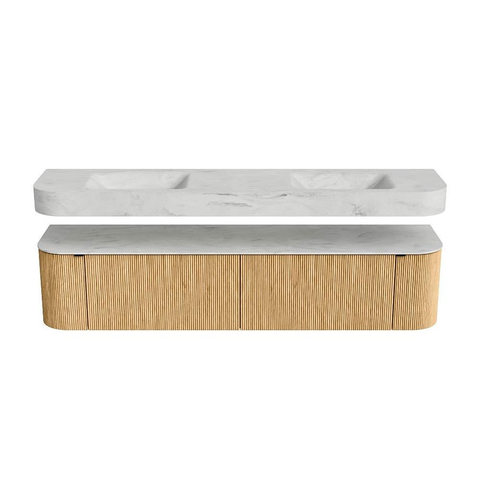 MONDIAZ THOR-DLUX 200cm meuble de salle de bains arrondi gauche + droite couleur Chêne avec 2 tiroirs et 2 portes. Vasque suspendue CLOUD Double sans trou de robinet couleur Opalo. SW1466949