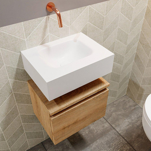MONDIAZ ANDOR Toiletmeubel 40x30x30cm met 0 kraangaten 1 lades washed oak mat Wastafel Lex midden Solid Surface Wit SW474254