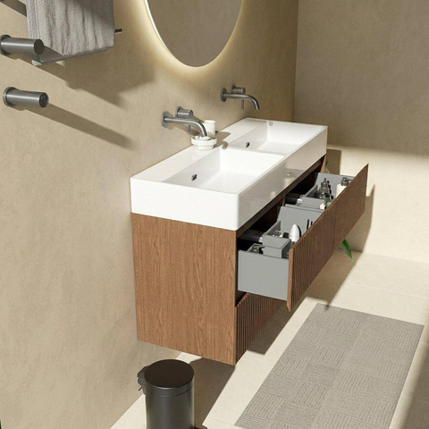 Saniclass Holz Atelier Ensemble meuble de salle de bains - 120x45x72cm - lavabo Legend en céramique blanc - 2 vasques - sans trous de robinetterie - 2 tiroirs - mat walnut pure (bois) SW1478508