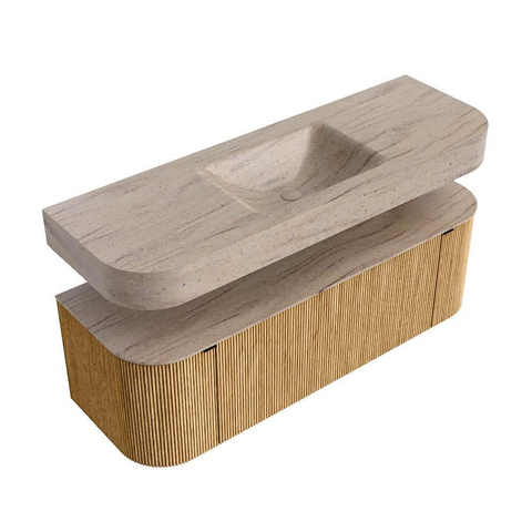 MONDIAZ THOR-DLUX 140cm meuble de salle de bains arrondi gauche + droite couleur Oak avec 1 tiroir et 2 portes. Vasque suspendue CLOUD Milieu sans trou de robinet couleur Saba. SW1464288
