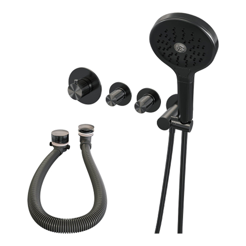 BRAUER Stripe Mitigeur thermostatique bain - SET 02 - encastré - combinaison remplissage baignoire - douchette 3 positions - flexible de douche - coude mural - gunmetal brossé PVD SW1434992