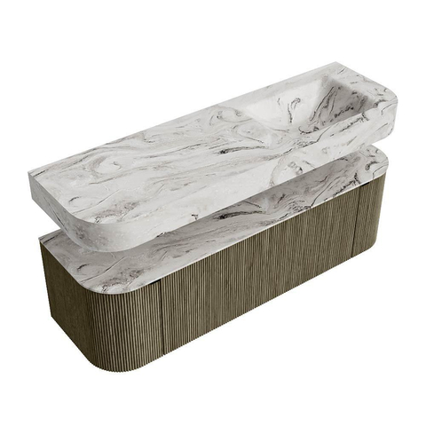 MONDIAZ THOR-DLUX 150cm meuble de salle de bains arrondi gauche + droite couleur Shadow avec 1 tiroir et 2 portes. Vasque suspendue CLOUD droite sans trou de robinet couleur Glace. SW1464739