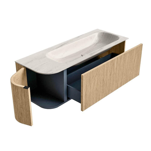 MONDIAZ KURVE-DLUX Meuble de salle de bains 125cm arrondi à gauche couleur Oak avec 1 tiroir et 1 porte. Lavabo BIG MEDIUM à droite 1 trou de robinet Meli. SW1431615