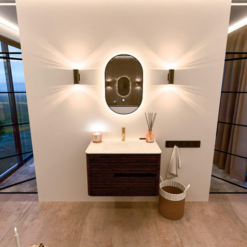 Mondiaz CIRO-DLUX Badkamermeubelset - 80x45x50cm - Solid surface wastafel Opalo - 1 wasbak Midden - 1 kraangat - 2 lades - Walnut SW1530210