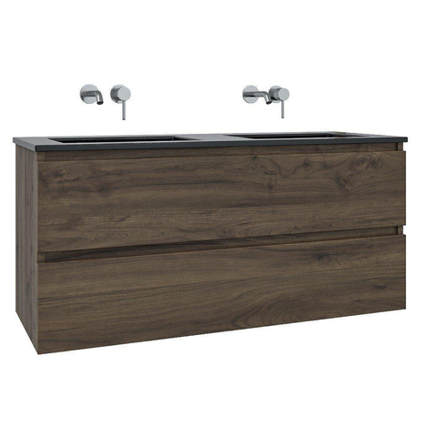 Saniclass Chaci Meuble de salle de bain - 120x46x55cm - lavabo en céramique noir - 2 vasques - sans trous de robinet - 2 tiroirs - armoire miroir - noyer (hout) SW856586