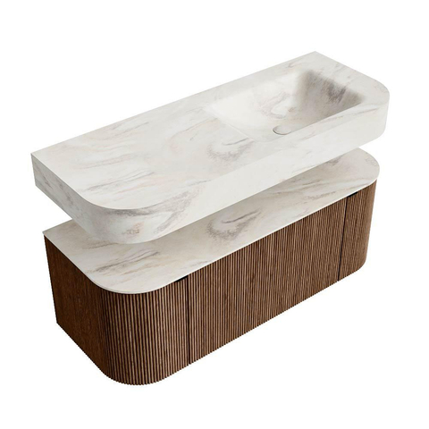 MONDIAZ THOR-DLUX 120cm badmeubel ronding links + rechts kleur Walnut met 1 lade en 2 deuren. Vrijhangende wastafel CLOUD Rechts zonder kraangat kleur Ostra. SW1463245