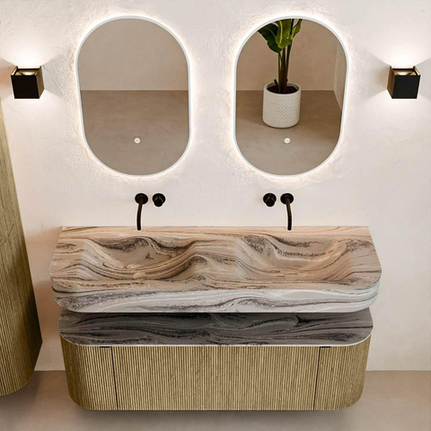 MONDIAZ THOR-DLUX 140cm meuble de salle de bains arrondi gauche + droite couleur Dusk avec 1 tiroir et 2 portes. Vasque suspendue CLOUD Double sans trou de robinet couleur Sombra. SW1464358