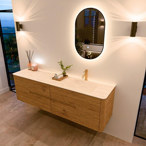 Mondiaz CIRO-DLUX Badkamermeubelset - 170x45x50cm - Solid surface wastafel Meli - 1 wasbak Rechts - 1 kraangat - 4 lades - Oak SW1531411