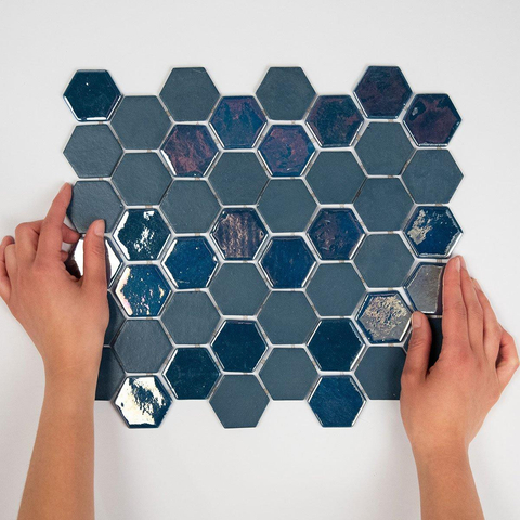 The Mosaic Factory Valencia Carrelage mosaïque hexagonal 27.8x32.5cm pour mur et sol et pour l'intérieur et l'extérieur résistant au gel Bleu mat et brillant SW374596