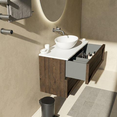 Saniclass Holz Frame Badkamermeubelset - 100x45x62.5cm - Torino solid surface topblad wit - zonder kraangat - 2 lades - mat eiken charcoal (hout) SW1579989