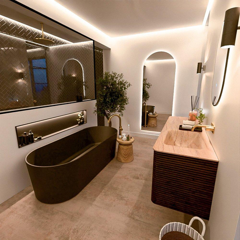 Mondiaz CIRO-DLUX Meuble de salle de bains - 150x45x50cm - Plan vasque Solid surface Saba - 1 lavabo à droite - sans trous de robinetterie - 4 tiroirs - Noyer SW1530704