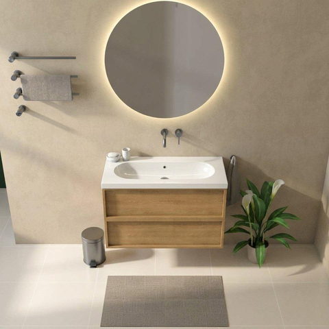Saniclass Holz Frame Badkamermeubelset - 100x45x63.5cm - Palermo keramische wastafel wit - 1 wasbak - zonder kraangat - 2 lades - mat eiken natural (hout) SW1579701