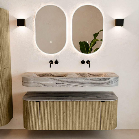 MONDIAZ THOR-DLUX 130cm meuble de salle de bains arrondi gauche + droite couleur Dusk avec 1 tiroir et 2 portes. Vasque suspendue CLOUD Double sans trou de robinet couleur Sombra. SW1464070