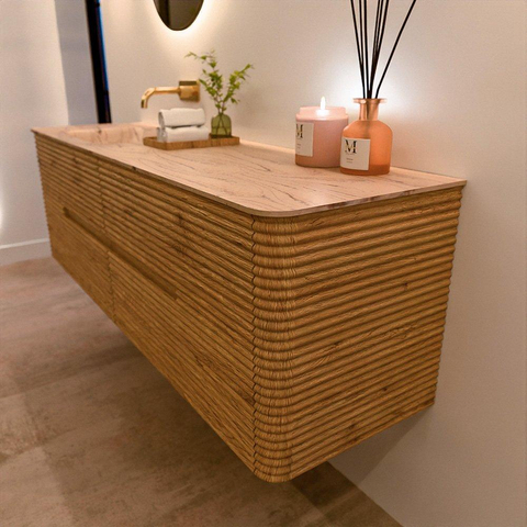 Mondiaz CIRO-DLUX Badkamermeubelset - 160x45x50cm - Solid surface wastafel Arena - 1 wasbak Links - zonder kraangaten - 4 lades - Oak SW1531343