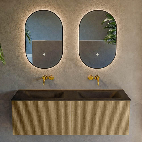 Mondiaz KURVE Ensemble de meuble de salle de bains - 130x46x40cm - 2 tiroirs - vasque solid surface - double - sans trou de robinet - Dusk SW1414850