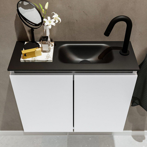 MONDIAZ TURE Toiletmeubel 60x23x50cm met 1 kraangaten 2 deuren talc mat Wastafel Eden rechts Solid Surface Zwart SW475215