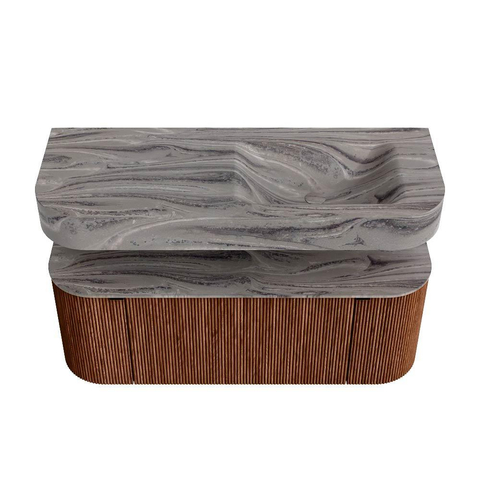MONDIAZ THOR-DLUX 120cm meuble de salle de bains arrondi gauche + droite couleur Ruby avec 1 tiroir et 2 portes. Vasque suspendue CLOUD Droite sans trou de robinet couleur Sombra. SW1463700