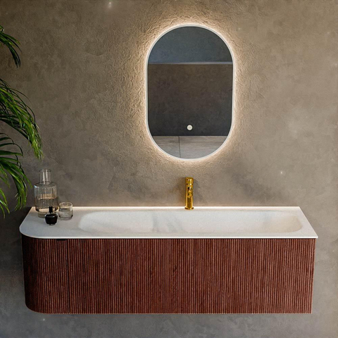 Mondiaz KURVE Ensemble de meubles de salle de bains - 145x46x40cm - 1 tiroir - 1 porte - lavabo solid surface - droit - 1 trou de robinet - Ruby SW1415304